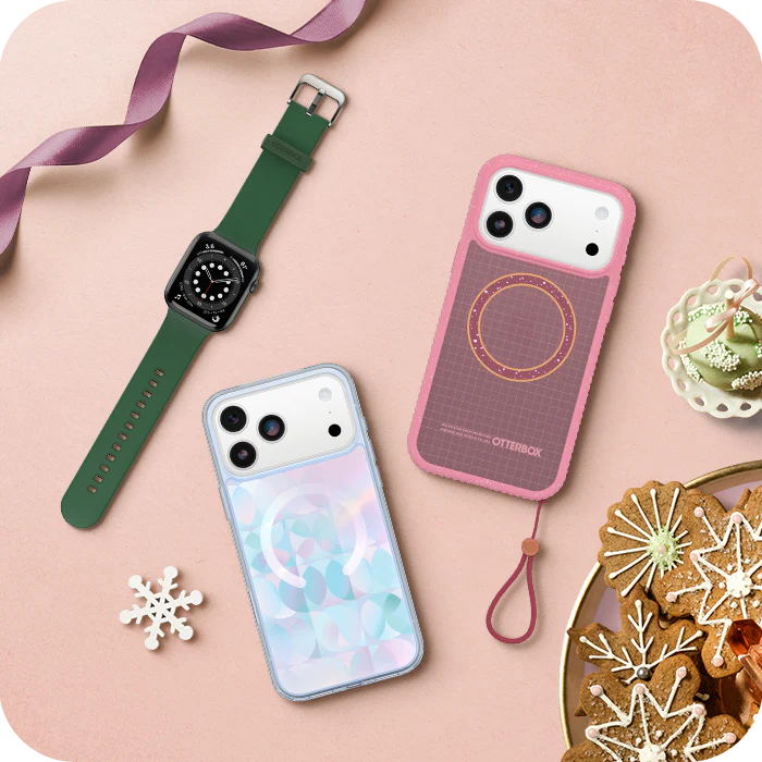 Two phone cases and a smartwatch on a pink surface with decorative elements.