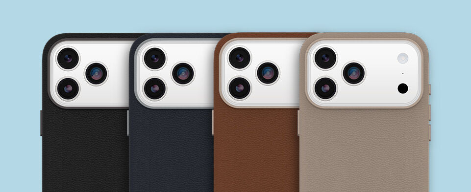 Four different colored smartphones with camera modules